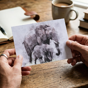 Carte Postale Éléphant d'Afrique femelle avec son éléphanteau aq