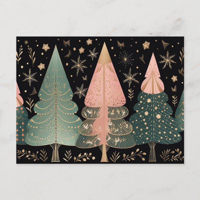Carte Postale Éléphant de Noël rose et vert (Devant)