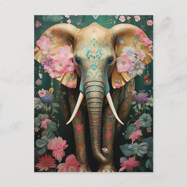 Carte Postale éléphant doré avec fleurs colorées (Devant)