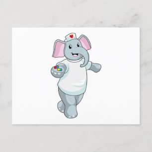 Carte Postale Éléphant en infirmière avec des médicaments