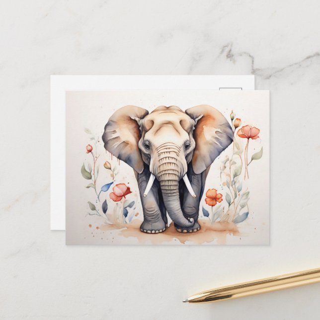 Carte Postale Eléphant et fleurs de charme aquarelle peinture (Devant/Arrière en situation)