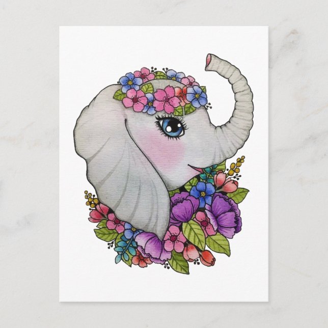 Carte Postale Eléphant Et Fleurs Sauvages Dans L'Aquarelle (Devant)
