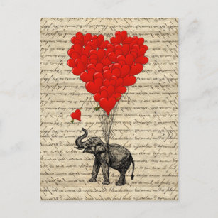 Carte Postale éléphant et heart shaped balloons