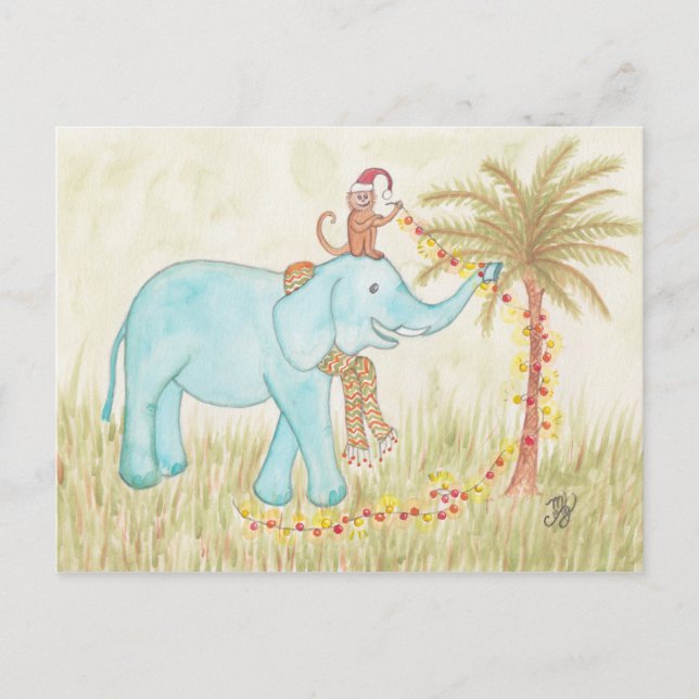 Carte Postale Eléphant et singe Strant lumières de Noël (Devant)