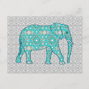 Carte Postale Eléphant fleur Mandala - turquoise, gris & blanc