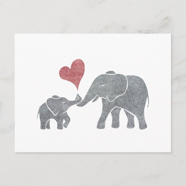 Carte Postale Elephant Hugs Grey Maman et bébé avec le coeur rou (Devant)