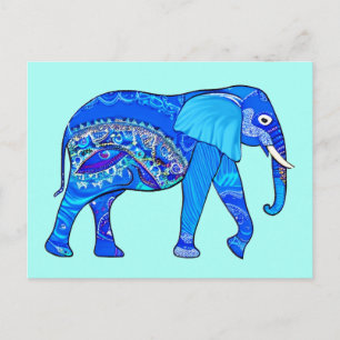 Carte Postale Éléphant indien dans un motif arabesque bleu