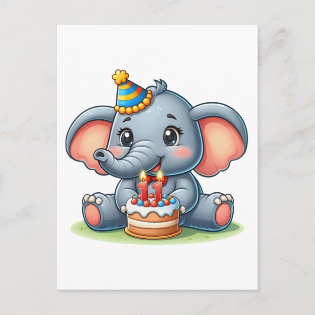 Carte Postale Éléphant Mignon 11ème Anniversaire (Devant)