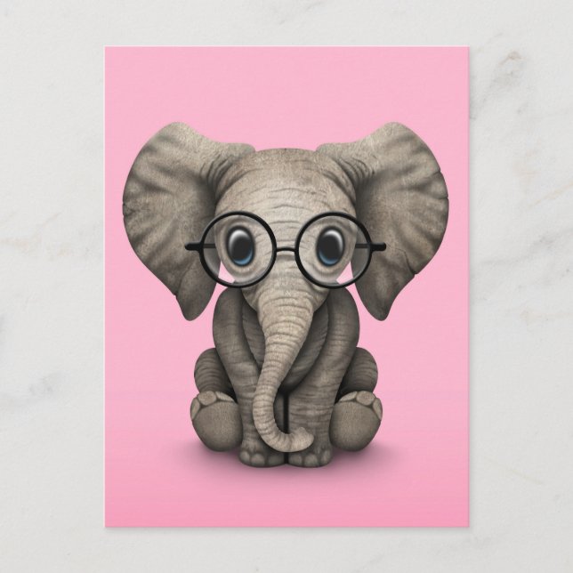 Carte Postale Eléphant mignon bébé avec lunettes de lecture rose (Devant)