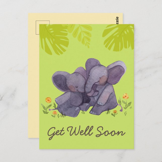 Carte Postale Eléphant mignon et encouragements Obtenez bien Gre (Devant / Derrière)