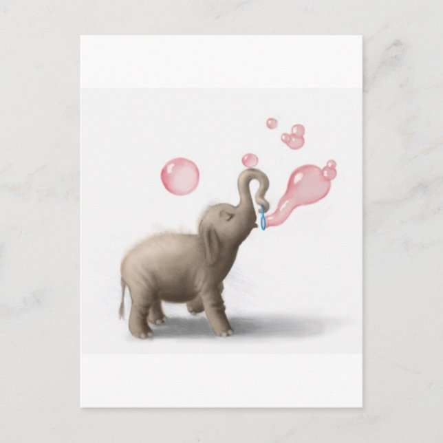 Carte Postale éléphant mignon soufflant les bulles roses (Devant)