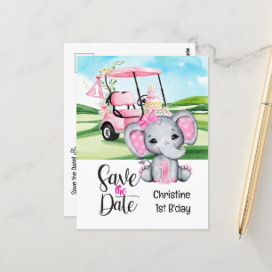 Carte Postale Éléphant pour le 1er anniversaire de golf et voitu