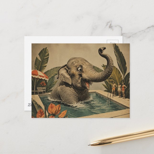 Carte Postale Éléphant Rétro dans la piscine (Devant/Arrière en situation)