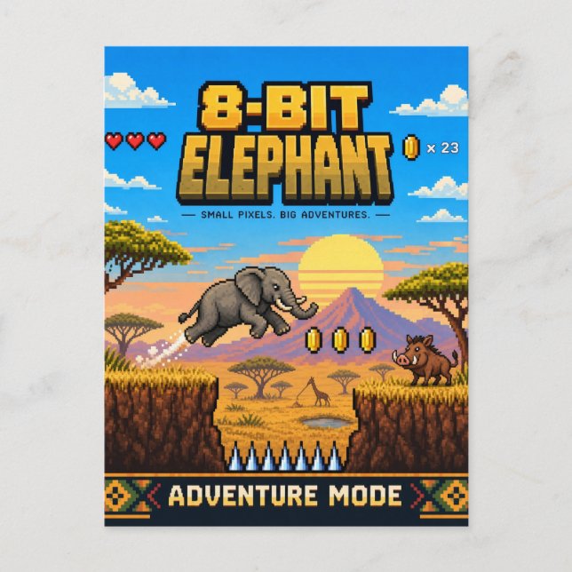 Carte Postale Éléphant, Rétro Pixel Art 8-Bit (Devant)