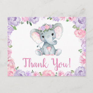 Carte postale éléphant rose violet Merci Roses Fil