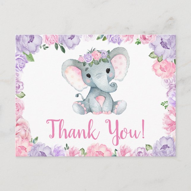 Carte postale éléphant rose violet Merci Roses Fil (Devant)