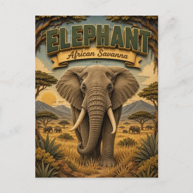 Carte Postale Éléphant Savane Africaine POPCUT (Devant)