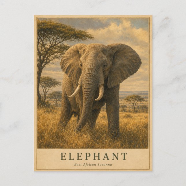 Carte Postale Éléphant Savane d'Afrique de l'Est VINTAGE (Devant)