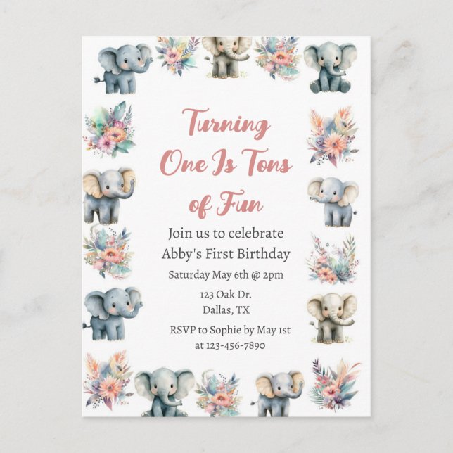 Carte Postale Eléphants & Boho Jungle Fleurs Anniversaire (Devant)