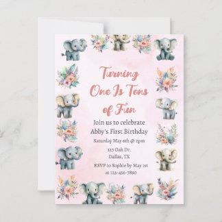 Carte Postale Elephants & Boho Jungle Fleurs sur Pink Anniversai