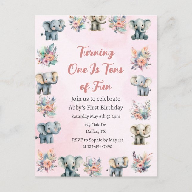Carte Postale Elephants & Boho Jungle Fleurs sur Pink Anniversai (Devant)