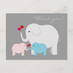 Carte Postale Eléphants en Merci bleu et rose