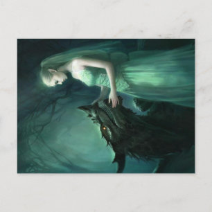 Carte postale Elf vert et Dragon   Art Imaginaire