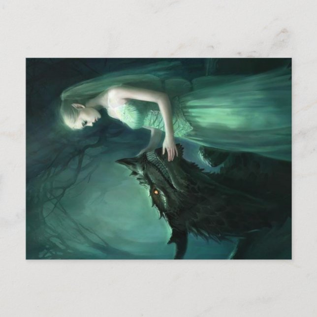 Carte postale Elf vert et Dragon | Art Imaginaire (Devant)
