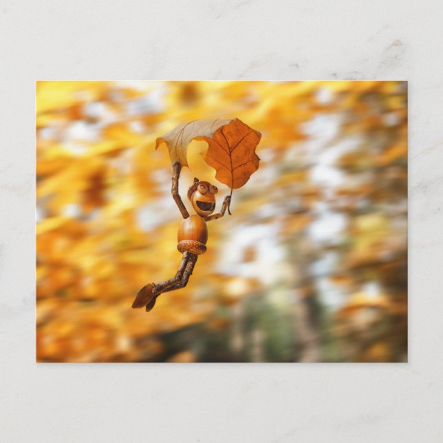 Carte Postale Elfe d'Acorn volant sur la feuille d'automne du ch (Devant)
