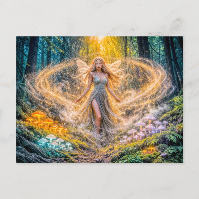 Carte Postale Elfe de Fantasy Dynamique dans Champignon de Forêt (Devant)