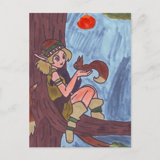 Carte Postale Elfe En Bois Avec Écureuil (Devant)