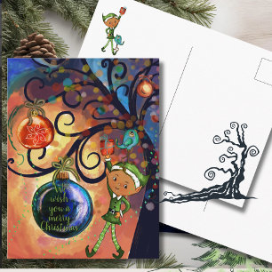 Carte Postale Elfe fantaisiste avec oiseau sous un arbre de Noël