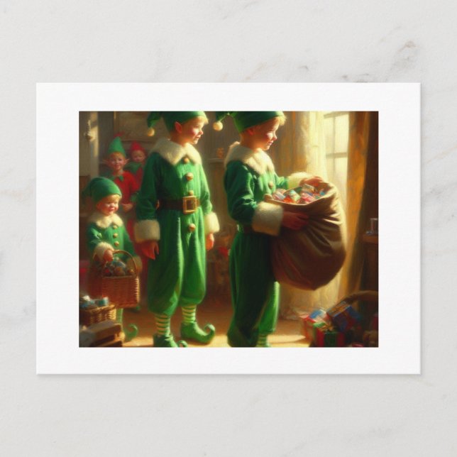 Carte Postale Elfes avec cadeaux, (Devant)