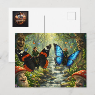 Carte Postale Elfes cavaliers papillons, fantastique forêt encha