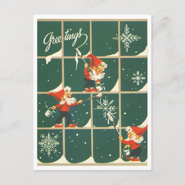 Carte Postale Elfes Décoration de Noël de Fenêtre Rétro (Devant)