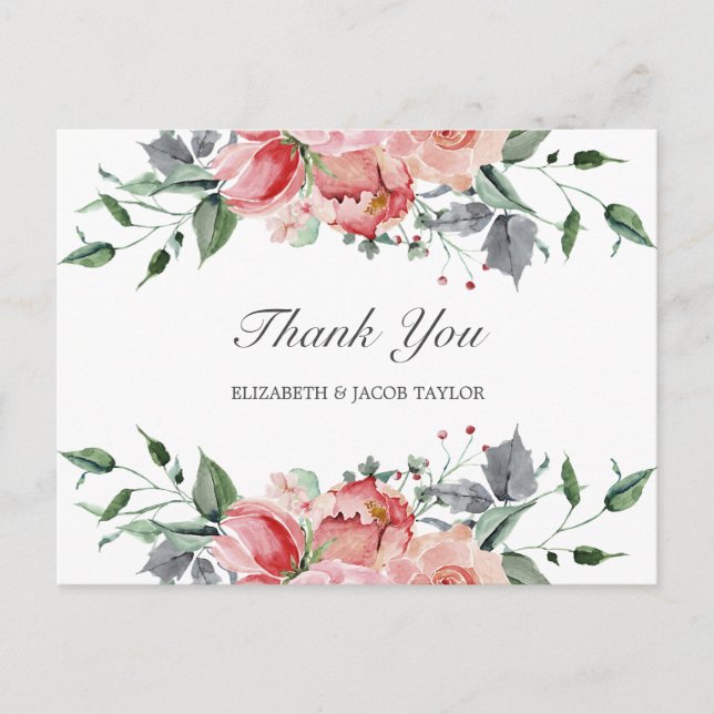 Carte Postale Elizabeth Elegant Fleurs Roses Mariage Merci (Devant)