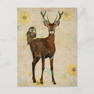 Carte postale Elk Woodsy et Chouette Turquoise