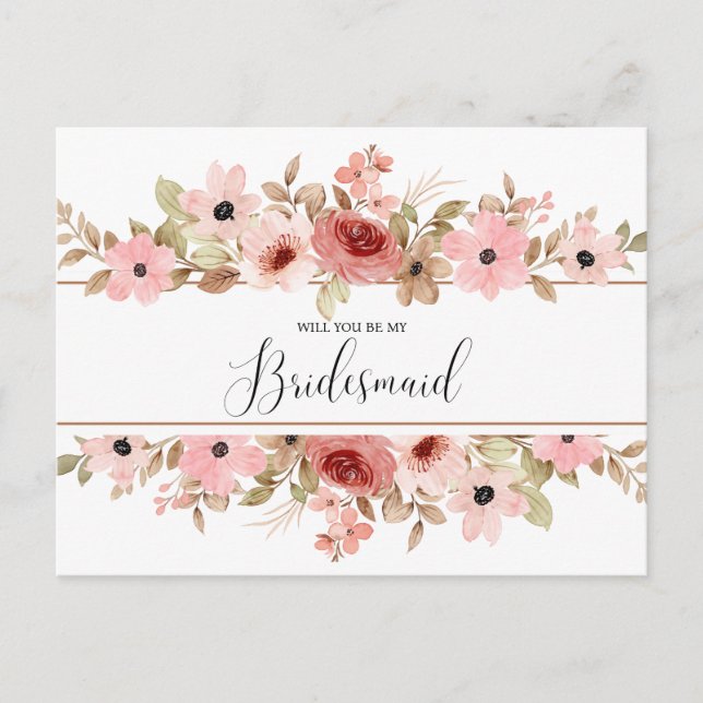 Carte Postale ELLE Pink Flower Elegant Bridesmaid Card (Devant)
