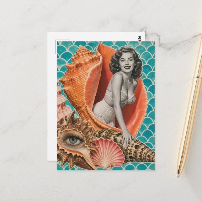Carte Postale Elle Vend les Coquillages Retro Collage (Devant/Arrière en situation)