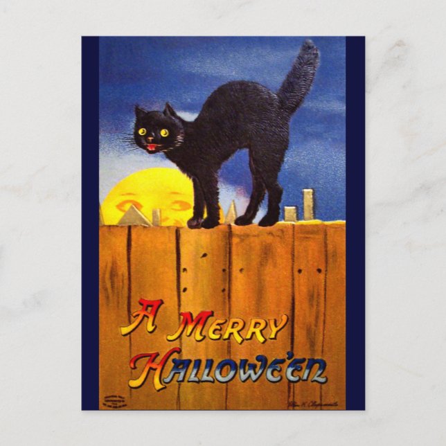 Carte Postale Ellen H. Clapsaddle : Chat noir sur une clôture (Devant)