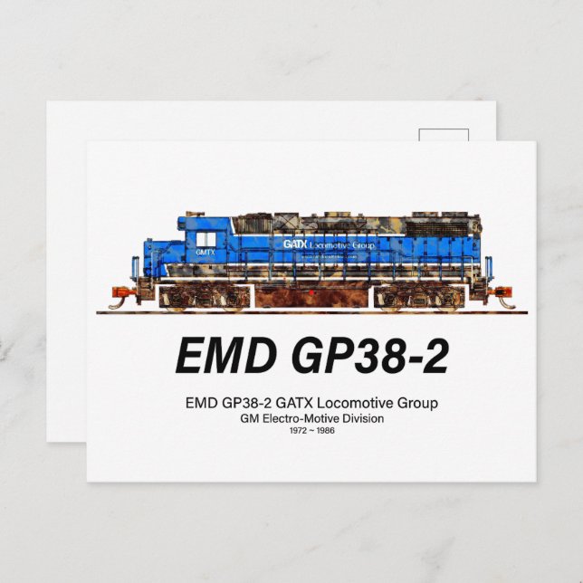 Carte Postale EMD GP38-2 Locomotive diesel GATX bleu et blanc (Devant / Derrière)