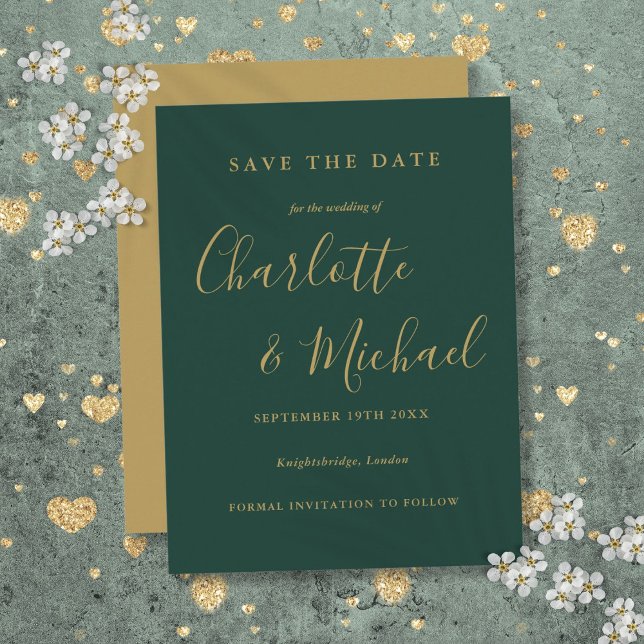 Carte Postale Emerald And Gold Script Wedding Enregistrer la car (Emerald And Gold Script Wedding Save the Date Card)