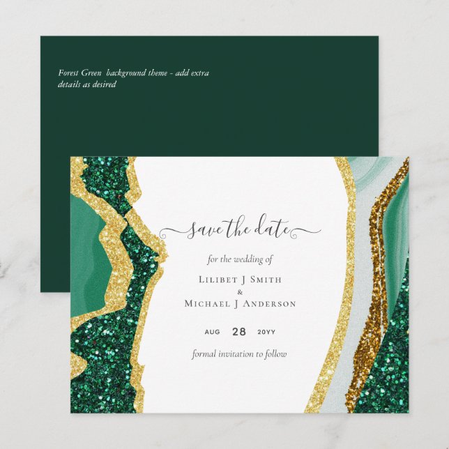 Carte Postale Emerald Gold Agate - Mariage ENREGISTRER LA DATE B (Devant / Derrière)