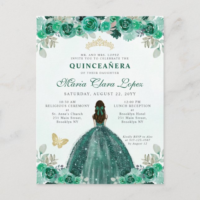 Carte Postale Emerald Green Floral Princess Quinceañera (Devant)