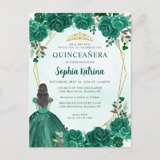 Carte Postale Emerald Green Floral Princess Quinceañera (Devant)