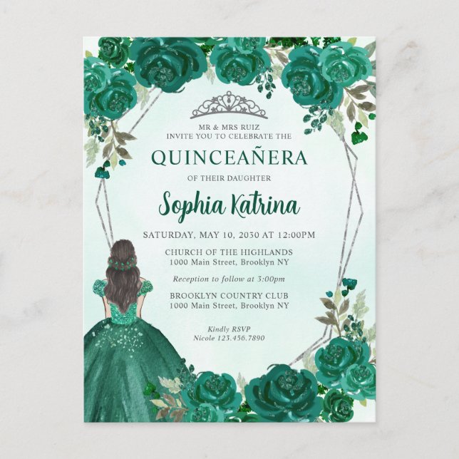 Carte Postale Emerald Green Floral Princesse Tiara Quinceañera I (Devant)