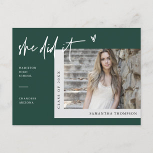 Carte Postale Emerald Green Minimal Photo Elle L'A Fait Graduati