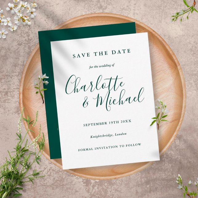 Carte Postale Emerald Green Script Wedding Enregistrer la date (Créateur téléchargé)