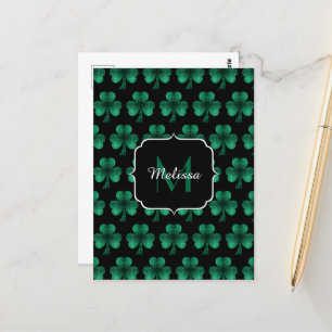 Carte Postale Emerald Green Sparkle Shamrock noir Monogramme