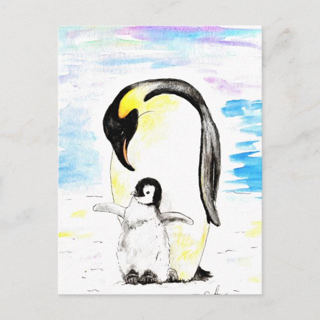 Carte Postale Emperor Penguin and Chick Watercolor Painting (Devant)